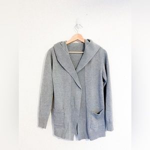 Vintage Gray Knit Cardigan Hoodie Robe With Ribbed Edging & Pockets Size Medium